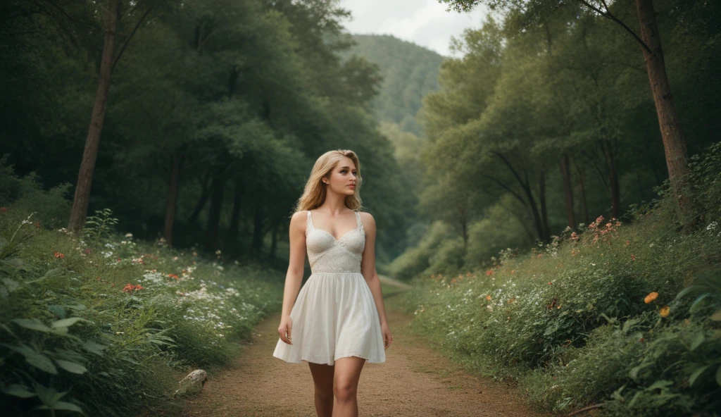 A blond girl in transparent dresses walking alone in the foreste, camel toe --auto --s2