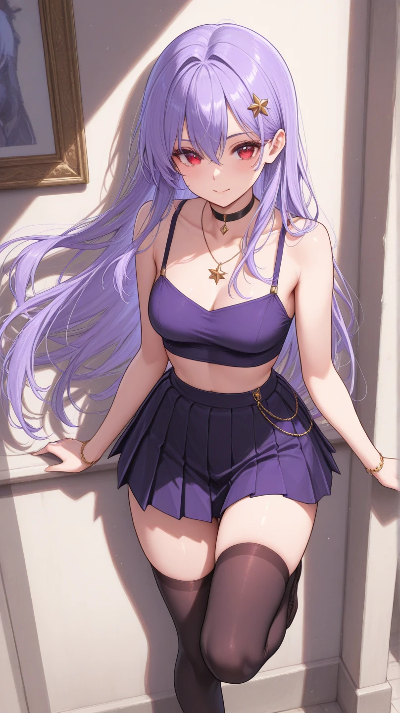 (masterpiece, best quality:1.4), 8k, light Purple messy Hair Young adult Medium chest smiling teasing with Green Eyes in the Livingroom wearing a black Crop top and Fox ears (detailed eyes and face, sharp pupils, realistic pupils:0.6)
