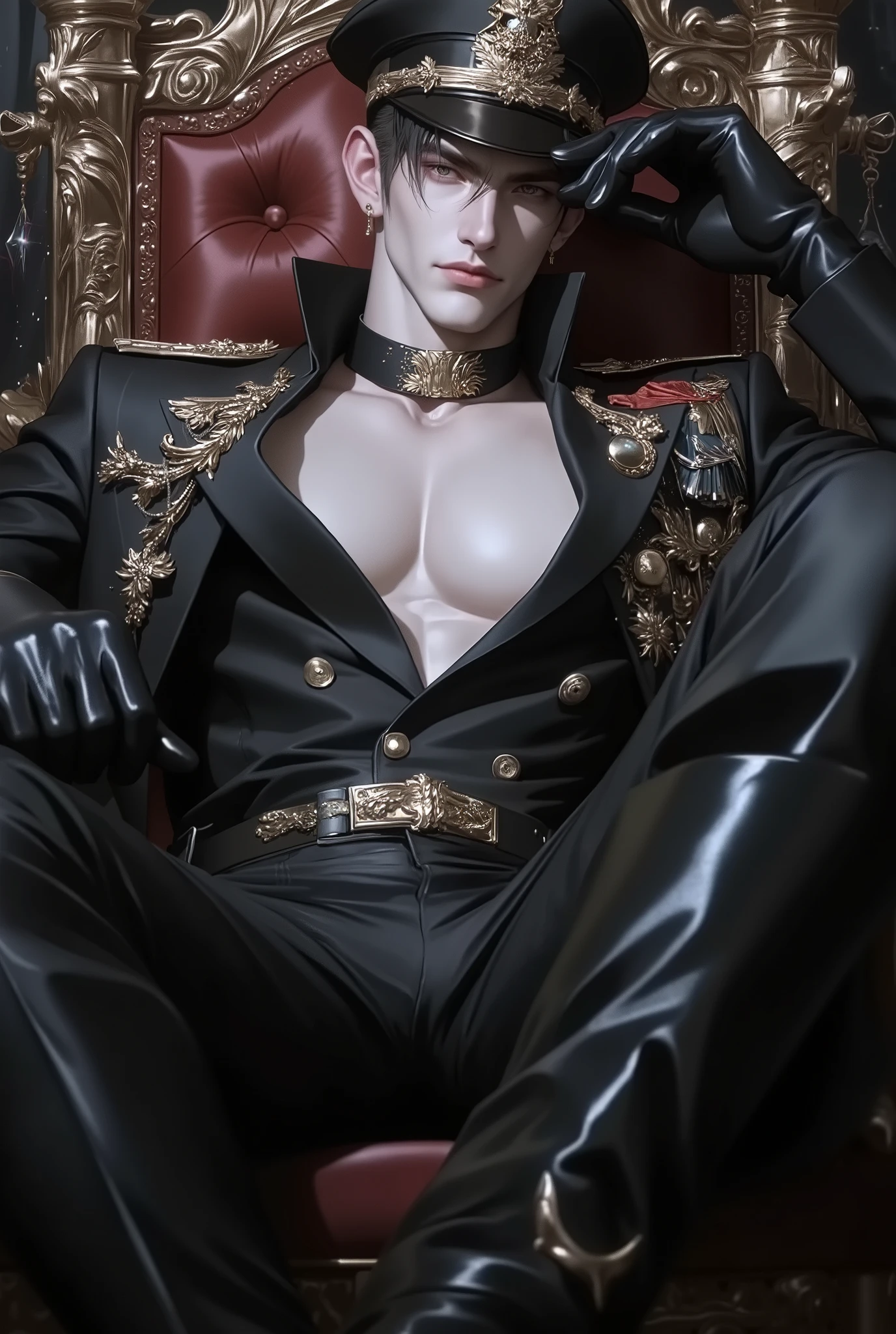 Ultra-detailed handsome military officer sitting on ornate gothic throne, dark regal uniform with gold embroidery, epaulettes, and medals, black leather gloves and boots, strong jawline, pale flawless skin, intense eyes, slicked-back black hair, elegant military hat with golden insignias, dark dramatic lighting, cinematic shading, hyper-realistic anime style, aristocratic fantasy, luxury aesthetic, powerful presence, 8K, HDR, sharp focus, fashion editorial quality