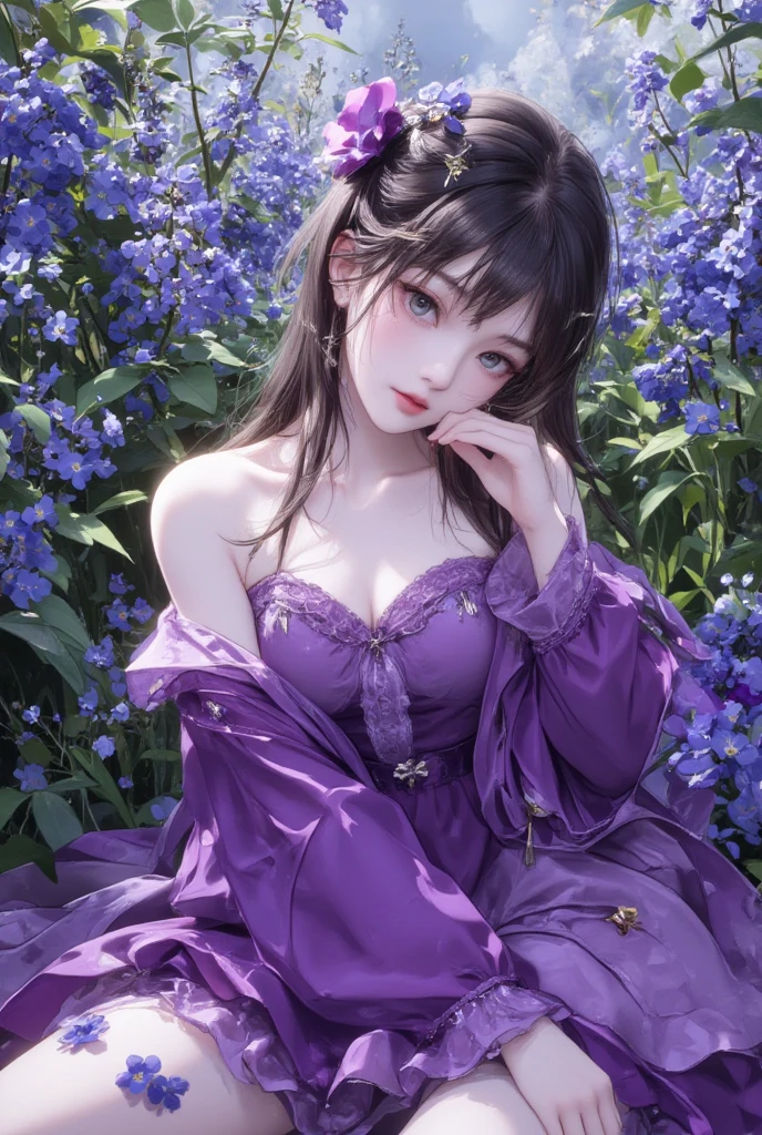 The tension in her body is palpable, as if she is about to embark on an adventure. The background is a magical forest with glowing mushrooms and twinkling fireflies. A charming and alluring woman stands gracefully. She is dressed in a long, flowing purple gown that covers her completely from neck to feet. The gown is intricately designed with delicate lace and sequins. Her hair is styled in an elegant updo, and she wears a small tiara on her head. Her expression is shy yet inviting, and her posture is both poised and dynamic. The background is a magical garden filled with blooming flowers and fluttering butterflies. The image is of extremely high quality, with sharp focus, realistic lighting, and rich colors.A charming and alluring woman stands gracefully. She is dressed in a long, flowing purple gown that covers her completely from neck to feet. The gown is intricately designed with delicate lace and sequins. Her hair is styled in an elegant updo, and she wears a small tiara on her head. Her expression is shy yet inviting, and her posture is both poised and dynamic. The background is a magical garden filled with blooming flowers and fluttering butterflies. The image is of extremely high quality, with sharp focus, realistic lighting, and rich colors.
