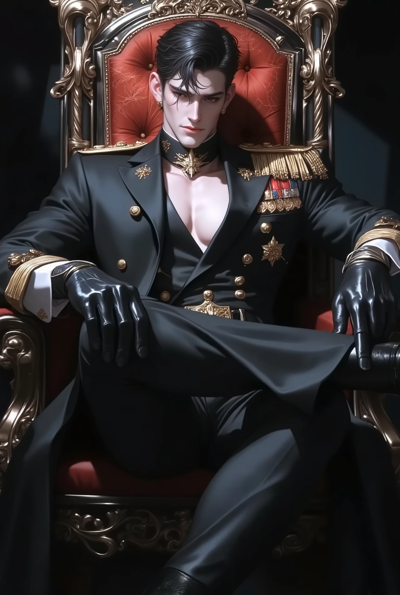 Ultra-detailed handsome military officer sitting on ornate gothic throne, dark regal uniform with gold embroidery, epaulettes, and medals, black leather gloves and boots, strong jawline, pale flawless skin, intense eyes, slicked-back black hair, elegant military hat with golden insignias, dark dramatic lighting, cinematic shading, hyper-realistic anime style, aristocratic fantasy, luxury aesthetic, powerful presence, 8K, HDR, sharp focus, fashion editorial quality