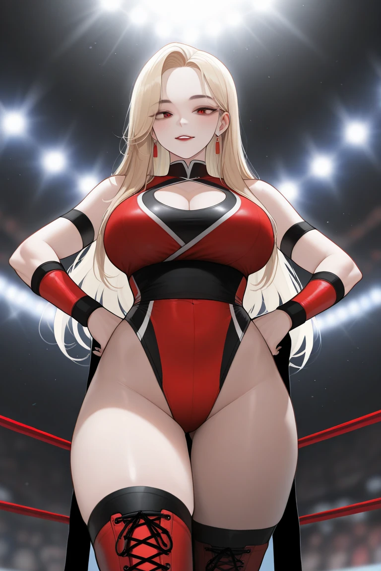 Detailed Image, arrogant woman, (30 years), super model, big breasts, arrogant smile, long blonde wavy hair, beautiful make-up, in an expensive sleeveless boxing suit, in boxing boots, boxing gloves, worth the training room