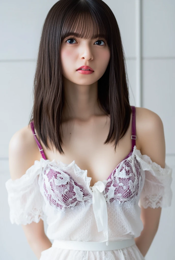 Topless、Protruding nipples、(Pink lace underwear)、Bedroom at night、Dark indoors、but、Are sleeping、The skin texture is natural,One Woman,Japanese,,cute,Black-haired,Mid-length hair、