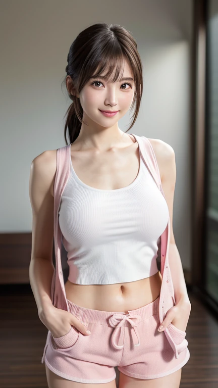 (realistic:1.3), insane detailed, quality, (masterpiece:1.2), (photorealistic:1.2), (best quality), (detailed skin:1.3), (intricate details), ray tracing, ((half body)), (((1girl))), (((1person))), Nicolaca, brown hair, hair tied, smile, brown eyes, look away, huge breasts, white sport tank top, pleated plaid mini skirt, tennis court, (blurred background)