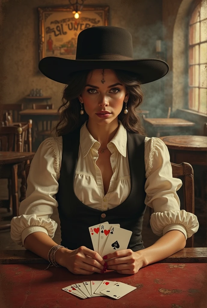 Brazilian trickster, Maria Razor, white Panama hat with red ribbon, red dress, razor on the table, seventeenth century, playing cards, black man. Background: slave quarters, extreme realistic, light particles, maximum focus, realistic body, realistic face, professional lighting, octane render, beautiful features, unlimited light, magnificent, detailed skin texture, extreme details, cinematic lighting, (masterpiece), (ultra detailed), (ultra-HD), focus --auto --s2