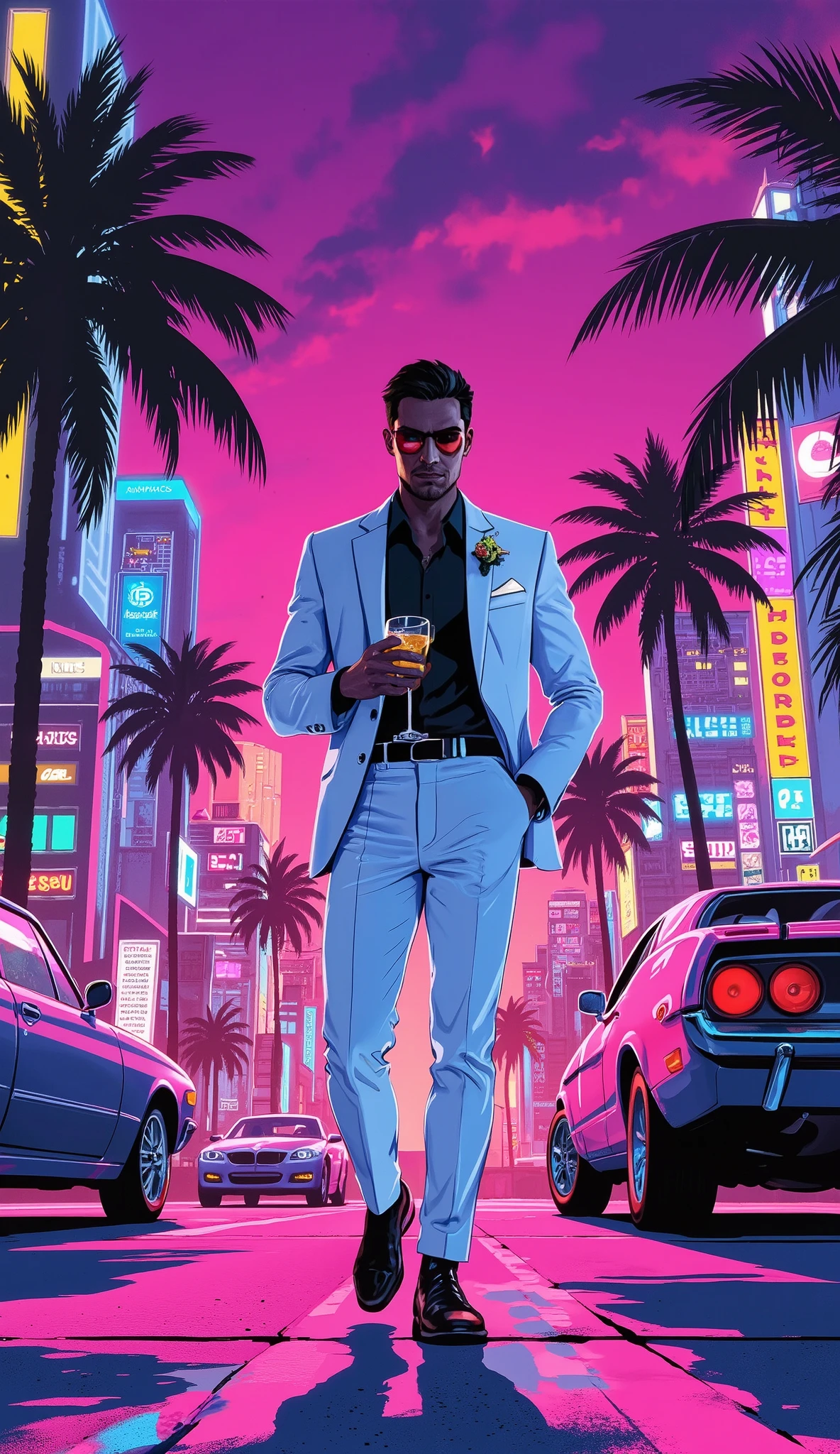 A mysterious and charismatic figure emerges in the eternally illuminated metropolis of Vaporwave City. wearing an impeccable white suit, with a cocktail always in hand, he investigates the dark secrets hidden behind the glamor. The city seems perfect under neon tones, but reality is distorted by a conspiracy that threatens to dissolve the boundaries between dream and nightmare. Estilo: elegant and dark , with the protagonist walking through streets filled with chrome cars and neon palm trees, while waves of digital glitch disturb normality.