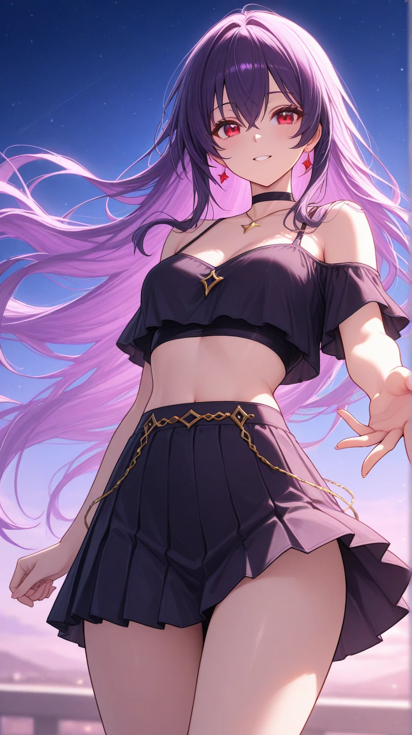 1girl, anime girl, anime, (dark skin), stylish girl, bracelet, necklace, earrings, 2d girl, 18y, (fullbody), standing, anime girl, seductive smile, (purple hair), flowing hair, hair flowing in the wind, ((darkblue blouse)), Solo, Slim, Big Breasts, Tight Shorts, low waist shorts, upshorts, outdoors, night background, flowers, looking at viewer, darker shadows, (((Wedgie))), (((explicit))), (((shorts))), (((absurdres))), (((thigh gap))), (((cameltoe))), (((cleft of venus))), (((lowleg shorts))),