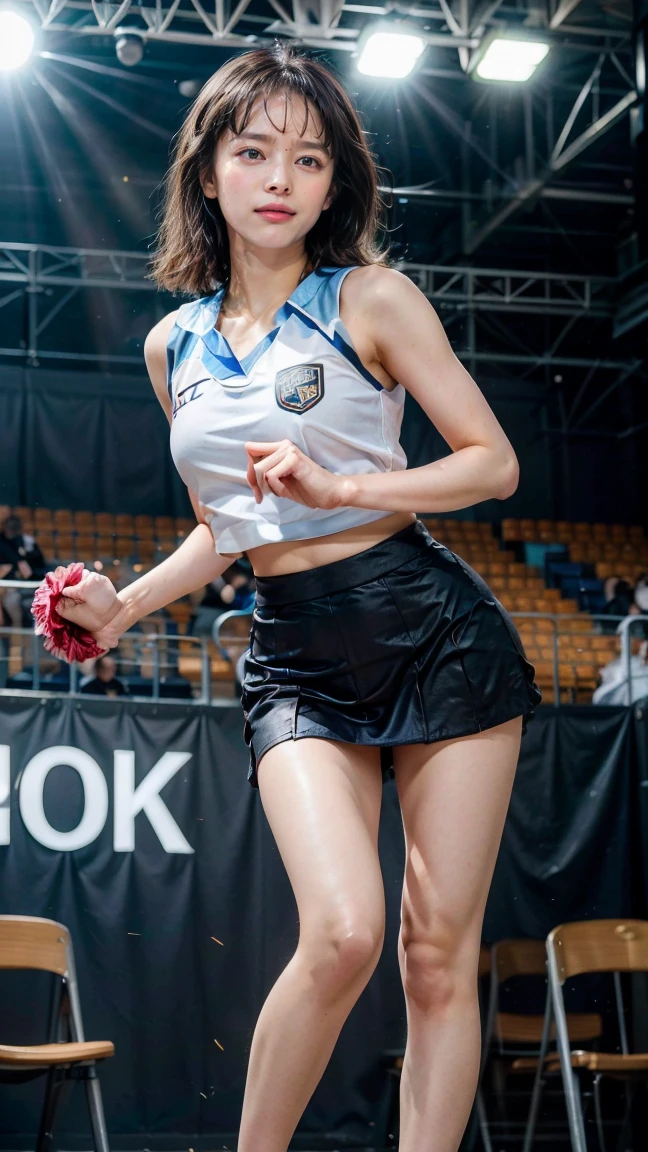 Cheerleader、Sheer tank top、Big Tits、Transparent nipples、See-through underwear、pantyhose/stockings、basketball、stage、Light blue hair