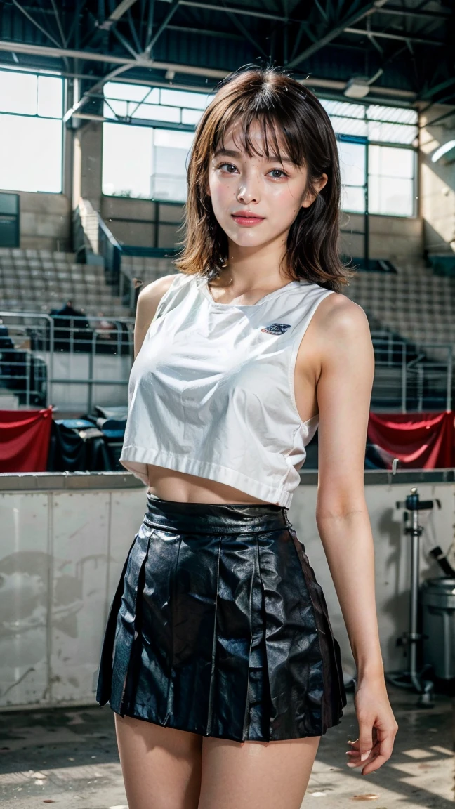 ,1girl,standing,facing viewer, brunette, short hair, smiling, fullbody, tall, large chest, muscular, black converse shoes, skirt, hands on waist, athletic, powerful, glasses, midriff, smile
