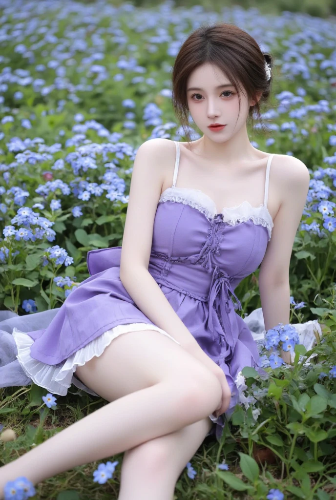 A girl with blue angel wings, sunlight shining on her face, eyes looking straight ahead, tulips in her hair, skin as white as peeled eggs, long wavy brown hair and a pair of breasts. seductive and covered in a purple bra, wearing a purple maid outfit, surrounded by green grass and grazing cows