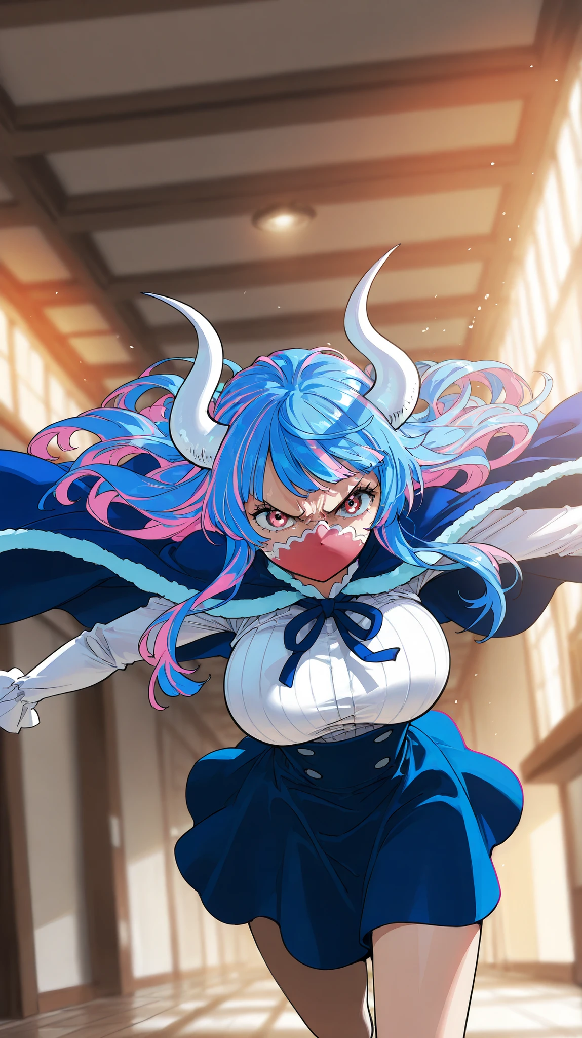 ult1, (masterpiece, best quality:1.4), cinematic light, colorful, high contrast, (1girl), UltiOP, onepieceanime, ((large breasts)), multicolored hair, long hair, blue hair, pink hair, bangs, horns, blue skirt, high-waist skirt, white shirt, long sleeves, blue cape, indoors, angry, running, outstretched arms, red heels, white horns, blue hair, pink streaks