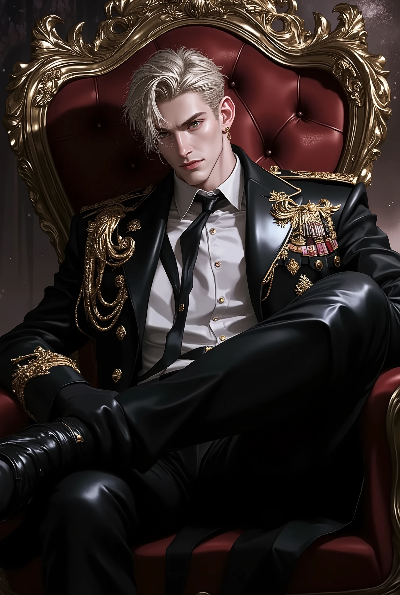 Ultra-detailed handsome military officer sitting on ornate gothic throne, dark regal uniform with gold embroidery, epaulettes, and medals, black leather gloves and boots, strong jawline, pale flawless skin, intense eyes, slicked-back sun-kissed blonde hair, elegant military hat with golden insignias, dark dramatic lighting, cinematic shading, hyper-realistic anime style, aristocratic fantasy, luxury aesthetic, powerful presence, 8K, HDR, sharp focus, fashion editorial quality