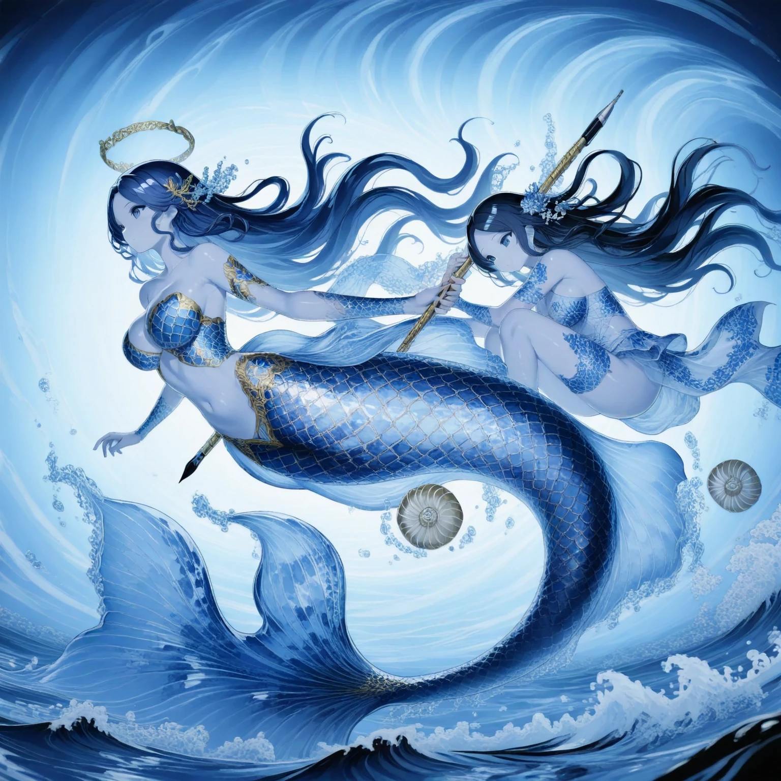 a woman with a starfish over her eyes wearing it like a mask over her eyes and the starfish has little blue lights that shine, the woman stands on a black stone carved with symbols in a rough sea raising her hands towards the sky in a Sandro Botichelli style painting, with slightly blue skin and small scales on the face, tiene el pelo largo decorado con tiaras de oro y perlas y los pechos cubiertos de conchas (Lying position on the rock carved with a pronounced mermaid tail. )