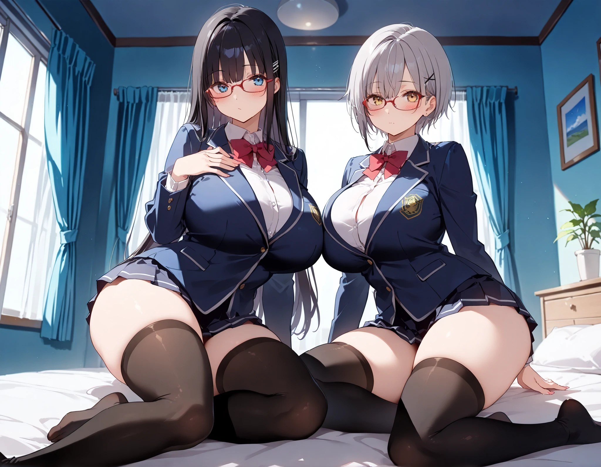 {masterpiece}, { top quality},score_9 , score_8_up , score_7_up , best quality, 2 girls,(1girl,long black hair ,blue eyes ,red rimmed glasses,black knee-high socks,huge breasts,curvy,),(other girl,short gray hair,yellow eyes ,red rimmed glasses,black knee-high socks,huge breasts,curvy)schools_uniform,blazer,sunset,,bedroom,