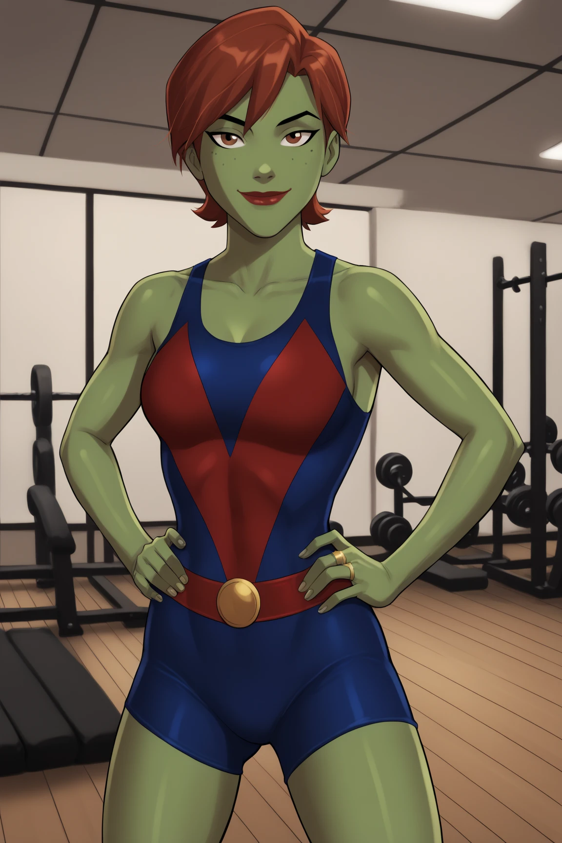 (cowboy shot), sfw,  (masterpiece), (best quality:1.0), (ultra highres:1.0), detailed eyes
BREAK
<lora:MissMartianYJ-000009:0.8> MissMartianYJ, green skin, short hair, 1girl
<lora:wearing gymnast_outfit:0.4> wearing gymnast_outfit
BREAK
(contest, stadium, indoors,  gorgeous view)