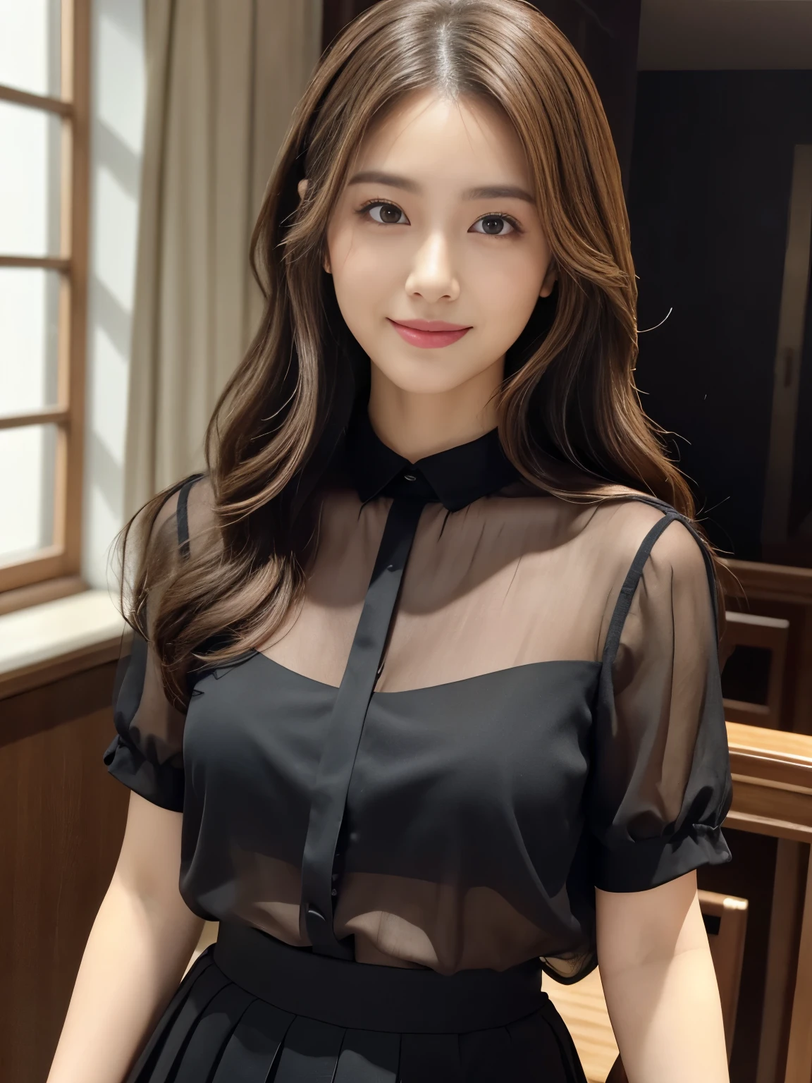 (top-quality、masterpiece:1.2)、Best Quality、realisitic、photoshot、hight resolution、1080p、8K、Textured skin、Physical Rendering、1 Japan Girls、a junior high school student、kawaii、Young Face、Rolled hair、(Blouse:1.5)、Cooking in the kitchen、full of shyness、smil、Big