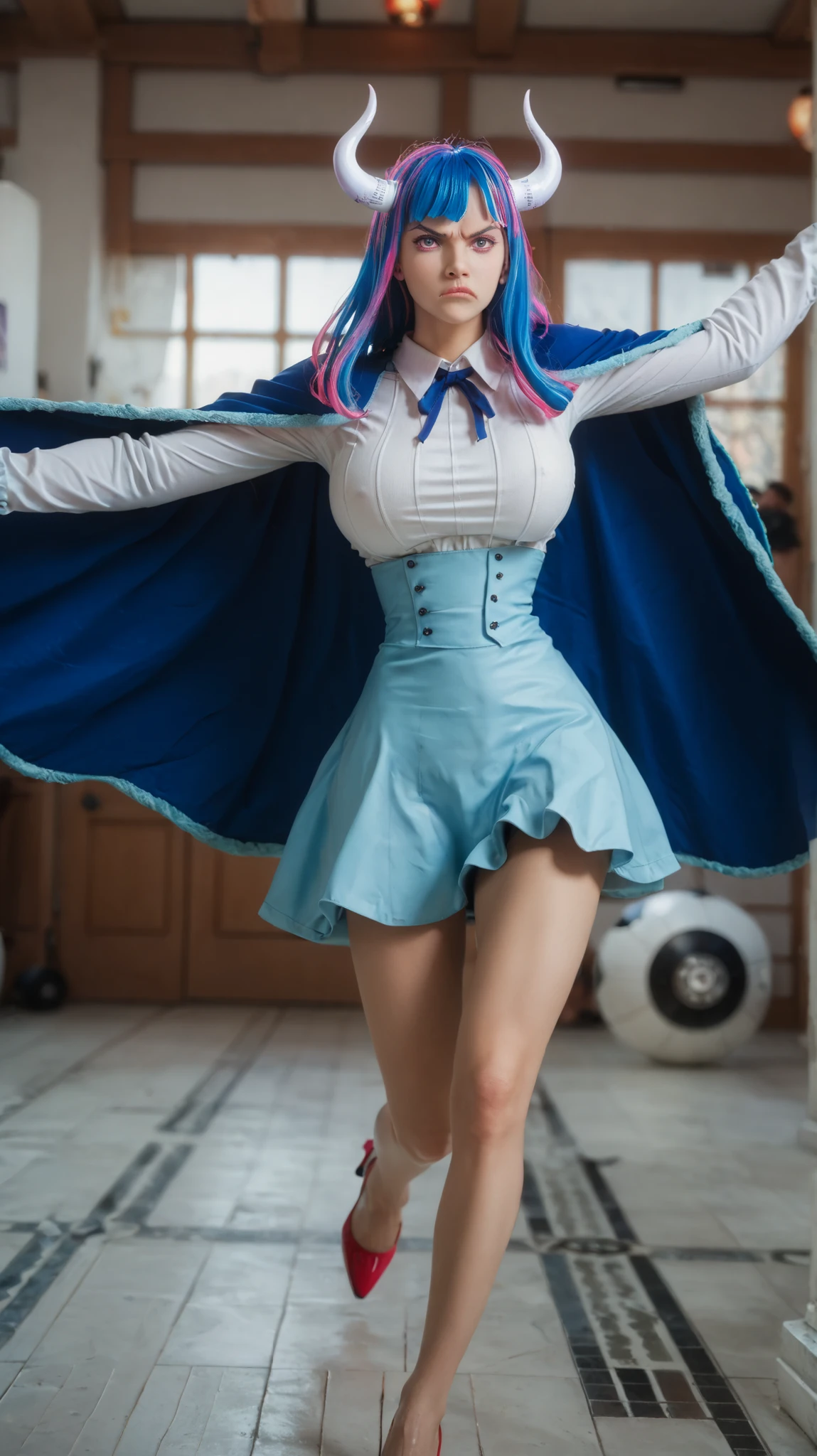 ult1, (masterpiece, best quality:1.4), cinematic light, colorful, high contrast, (1girl), UltiOP, onepieceanime, ((large breasts)), multicolored hair, long hair, blue hair, pink hair, bangs, horns, blue skirt, high-waist skirt, white shirt, long sleeves, blue cape, indoors, angry, running, outstretched arms, red heels, white horns, blue hair, pink streaks