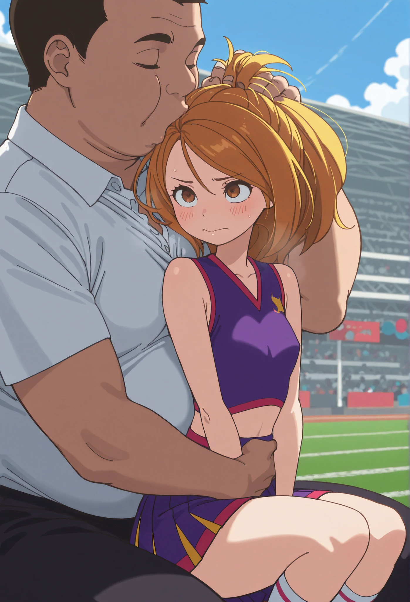 very awa, masterpiece, best quality, newest, highres, aburdres、Fantasy Worldミディアムブラウンヘア 、 kim possible 、small breasts 、 slender body、small purple cheerleader uniform, midriff 、purple skirt、white knee-length socks、garden、blue sky、 fat man、 man grabs girl's chest、A man is putting his hand inside a girl's clothes、man with horny face、 Panic Girl 、man sucks girl's hair with his nose