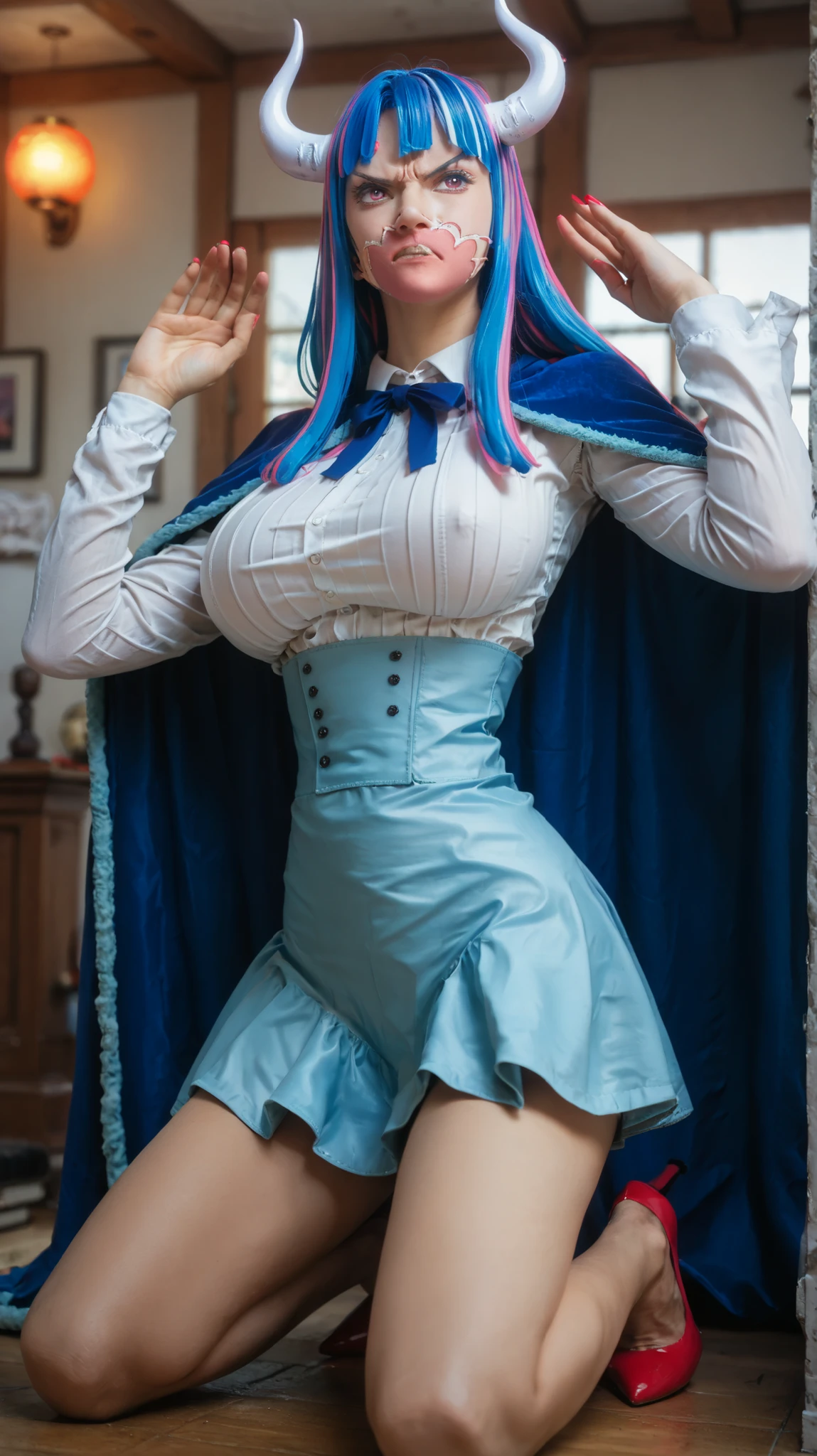 ult1, (masterpiece, best quality:1.4), cinematic light, colorful, high contrast, (1girl), UltiOP, onepieceanime, ((large breasts)), multicolored hair, long hair, blue hair, pink hair, bangs, horns, blue skirt, high-waist skirt, white shirt, blue cape, indoors, angry, on knees, hands up, red heels, white horns, blue hair, pink streaks