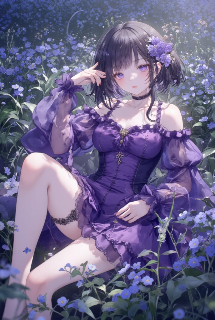 ((HDR , masterpiece , high quality , ultra details , best quality)) , cute adult girl , purple eyes , purple hair , sitting in garden ,nice position , ((purple flowers)) ,purple butterfly flying , ribbon on neck , skirt , off shoulder t-shirt , nice breast , ((night with full moon )), soft light , smile
