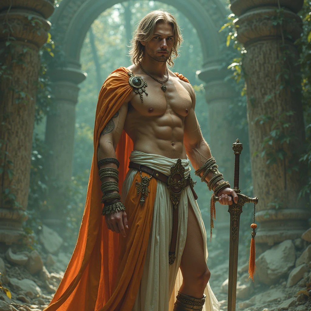 A Sword, sorrounded by trees, standing fierced in a Orange rock with some gold incrustaded on It, (a Sword damaged not breaked).