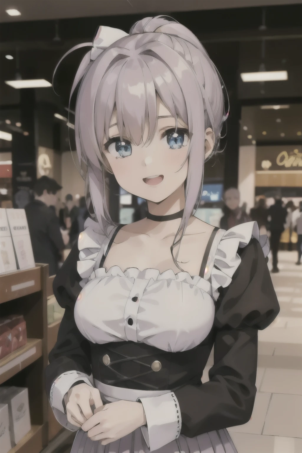 (masterpiece), (ultra quality), 1girl, solo, (cute girl), bang, (blue eyes), (medium large breasts:1.2), slender girl, fair skin. A girl with long (dusty mauve) hair tied in a high ponytail. She wears a stylish white long sleeve blouse showing collarbone and a black pastel pleated skirt. Facial Expression: Wide, sparkling eyes with a big, excited smile.
Emotion: Joyful, enthusiastic. The background is softly blurred, resembling a busy shopping mall. A well-balanced composition where the entire upper body, including both hands, is visible.