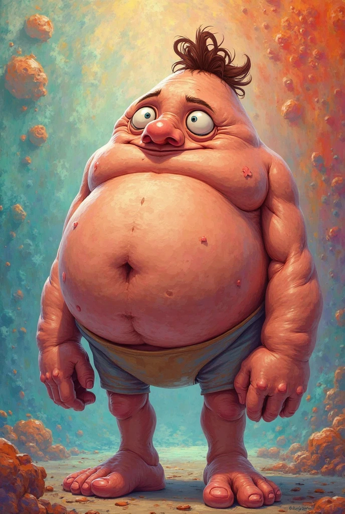 A person of heavy build with a large chin and a square, chubby head.