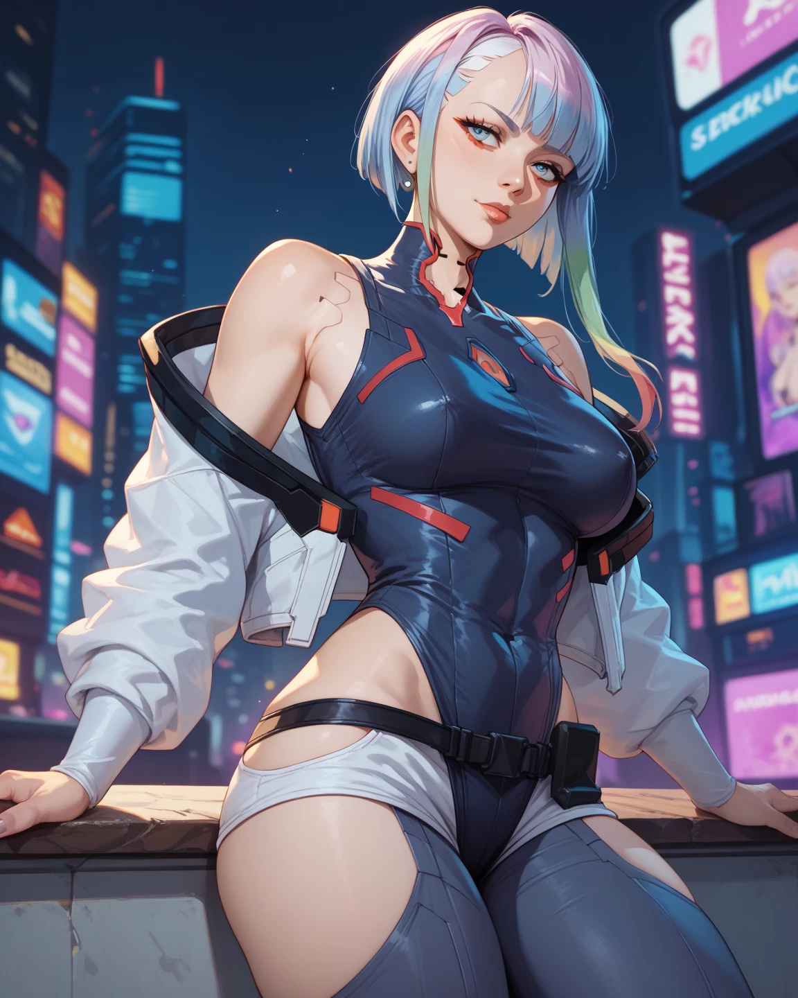 mixed_artwork style, 1 girl, standing alone, hands, beautiful woman, Asian, , spiky white hair, shark teeth, vintage/cyberpunk white pour, White lipstick, white eyes, body piercing, white tattoos on the body, printed skeletons, rebel, synthetic body, realistic, textures, 8K, perfect hand, perfect anatomy, visible curves, small Breasts