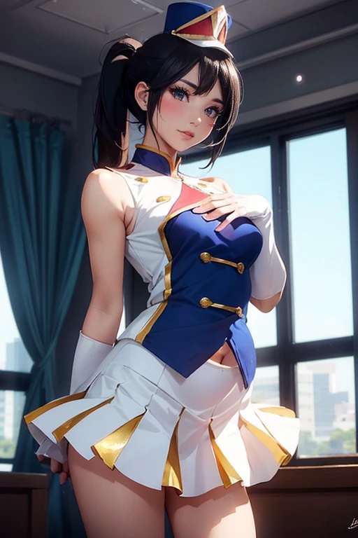 optimum,tmasterpiece,hight resolution,best qualtiy,hyper HD,super detailing,awardwinning,Squatting and spread legs,Show white panties,16 K,独奏,(The upper part of the body),Raw feet、White panty、anatomy correct,Beautiful cyberpunk girl,cute face,,Gradient Beige Hair,Hairline,((scarlet eyes)),long eyelasher,Hanging eye corners,White skin of the,(small tit),(Slim body),((Women's Super Short Shawl Leather Jacket)),((Racing_Suit)),((High-Low_long skirt)),Ear studs,(lanyard),(Laser material clothing:1.2)