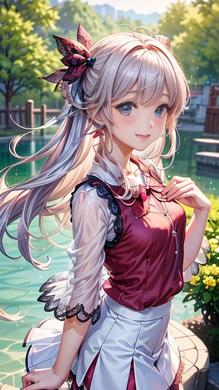 小さなgirl、The arrival of spring、thick thighs、thick thighs、 big 、 is small、(alone:1.5,)Super detailed,bright colors, very beautiful detailed anime face and eyes, look straight, ;d, shiny_skin,girl, ((silver long hair,Inner color is red 、forehead is .、green eyes、、shiny hair, delicate beautiful face, blush、(turquoise eyes), White skin, Valletta, earrings,、blue flower field、(((Floral pink、turtleneck clothing、white tight skirt)))、twin tails、smile、happy face、face dyed red