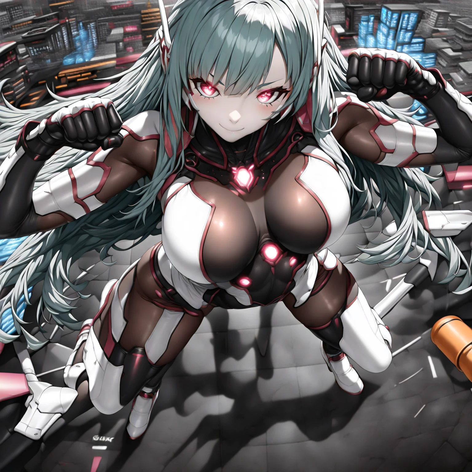 {{1 female},{{{{{Tabletop++, Highest quality++, Very detailed+, Ultra-high resolution,(Realistic:1.4)Cowboy Shot, Mecha Girl, hatsune miku, (Vocaloid)RAW Photos,(hatsune miku)+,(hatsune miku)+, (Vocaloid) Expressionless, Light blue hair, Red eyes ,clavicle, Twin tails, ((Mecha Girl 1.6)),so beautiful, Highest quality, Absurd, One Girl, Brainwashed,}}}} Hollow Eyes,(Eyes glow red :1.4)), ((Big Breasts:1.5))、((Metal Armor:1.5)), (The shape of the ???????? is clearly visible)) cyber punk, Dark Lab, Dark Room,(Neon Light:1.2), (night:1.5), (place your left hand on your hip)