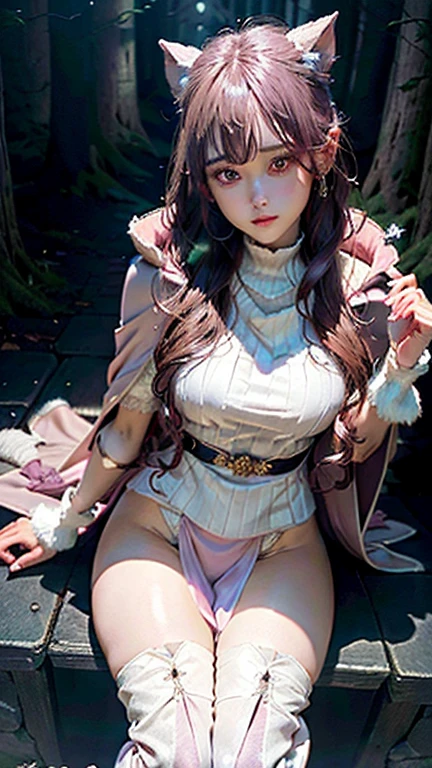 best quality,masterpiece,Ultra-high resolution,(photoactual:4:0),emperor bush,A Protea Goddess,Pink long hair shawl,Big breasts,thin waist,Wearing an imperial lace skirt,Sitting on the flower