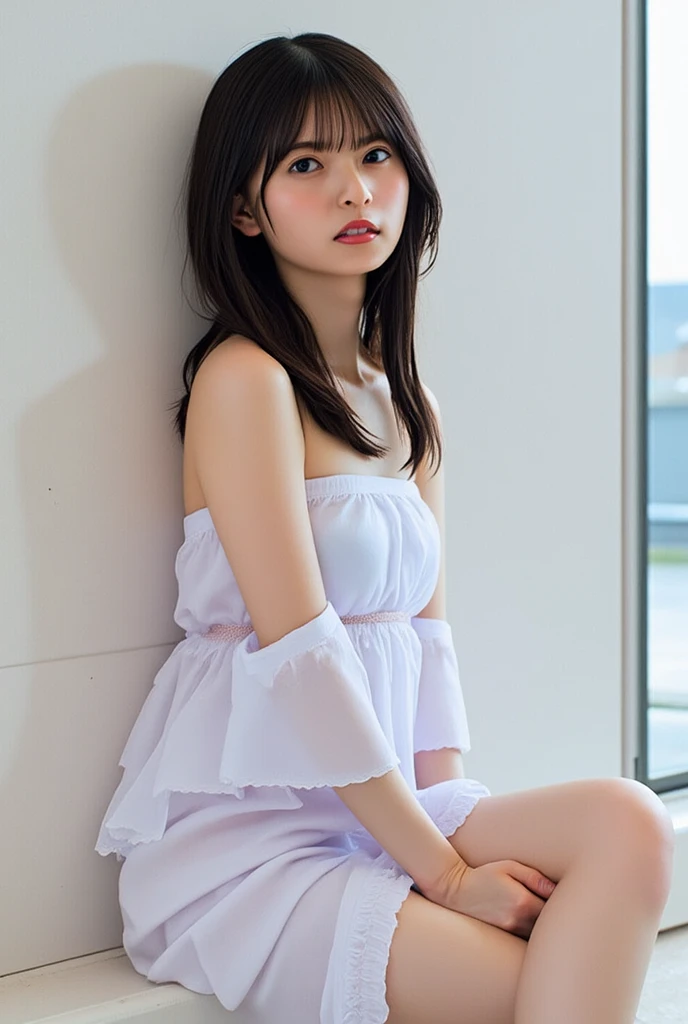 rain　Under the eaves of a stylish Western-style building　A young woman with a cute face like an idol　rainの空を見上げている　negligee　Underwear is visible　RAW Photos,Genuine,Real,High definition,Raw photo,masterpiece,Artistic