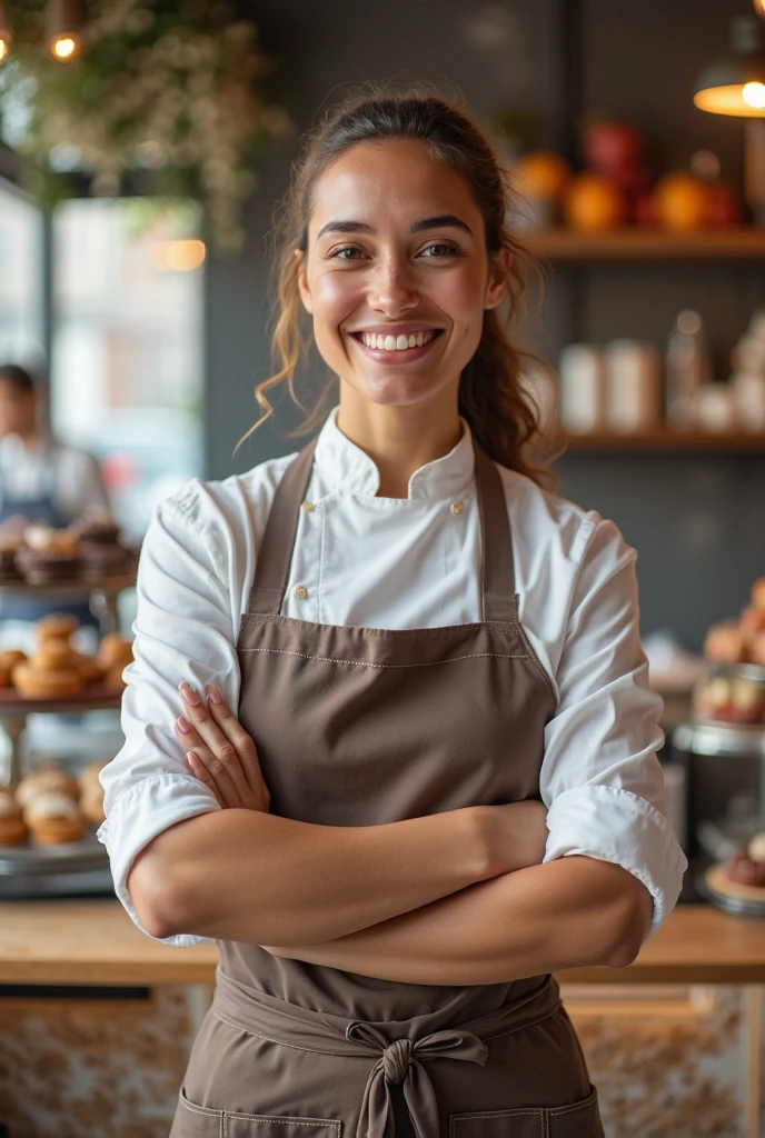 arafed woman in apron standing in front of a Bakery counter, fresh bakeries in the background, sosteniendo una barra de pan, En el mostrador, Bakery, taking control while smiling, sobre un fondo oscuro, en la foto desde los hombros hacia arriba, Listo comercialmente, foto fija, una persona parada frente a un, impresionante visual, looking towards the camera, por Niko Henrichon