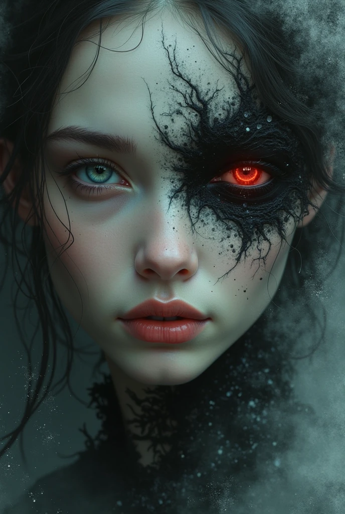 Face of a woman half angelic and half demonic