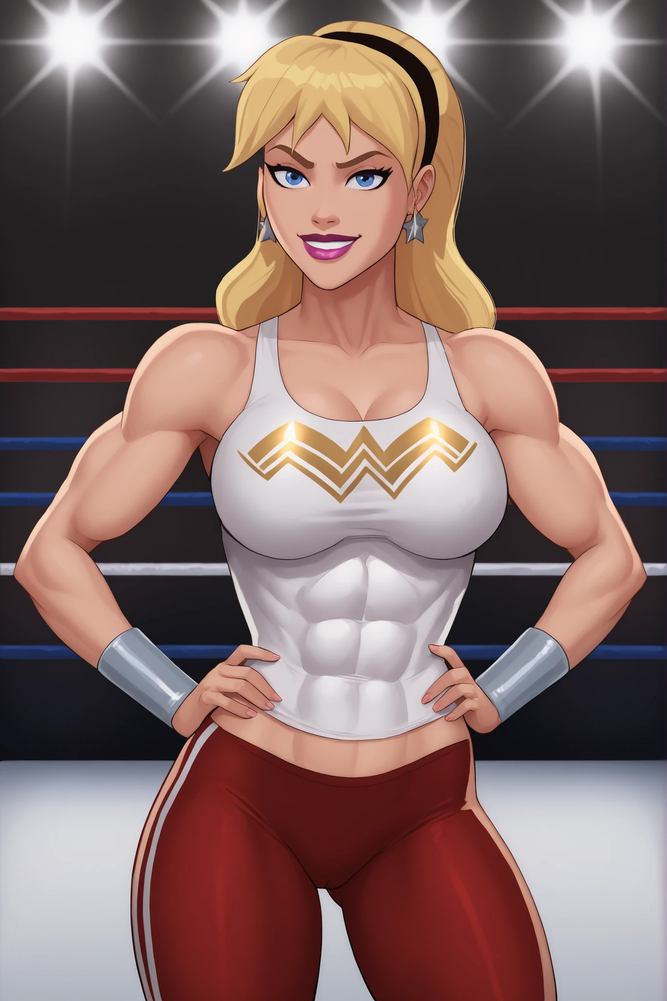 safe_pos, PonyXLV6_Scores BREAK (((parody style, parody:1.2)), perfect anatomy, cowboy shot) 1girl, blonde hair, blue eyes, ((looking at viewer)), hairband, star earrings, curvy, athletic, indoors, gym, black wrestling singlet, large breasts, smiling, closed mouth, standing, dark pink lipstick, happy expression, bedroom eyes, wrestling ring, hands on waist, model pose