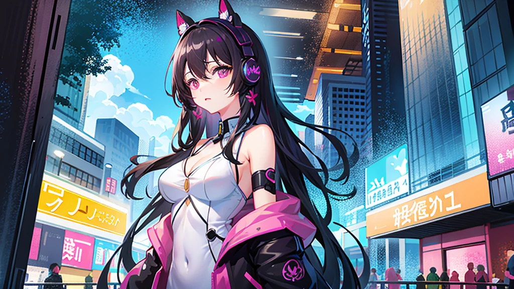 pink eyes, black hair. sadistic women, long wavy hair. strong woman.  dominant woman. mafia. mature woman. girl boss. background in town. she a spy. sadistic smile. punk girl. wear motor jacket. gangster