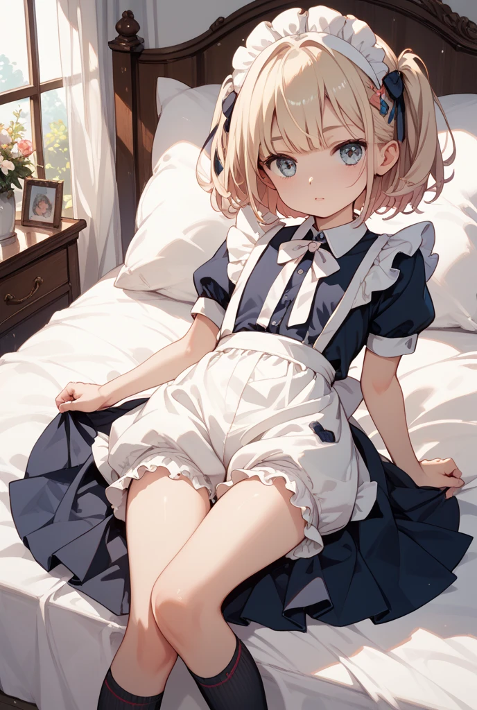 Blonde twin-tailed maid girl,((masterpiece )), (highest quality), (highest quality), ((Super detailed, 8K quality)), aesthetics, Volumetric lighting, (Detailed line drawing), break, Very detailed (Fairy), (One girl), Perfect Face, Details, Double Pigtails, Blunt bangs, (Hair between the eyes), Gray Hair, blue eyes, eyelash, eye shadow, pink eye shadow, A light smile, Design art by Artgerm, Kawashi, by Yoshitaka Amano, break, Portraiture, French maid dressed in French maid uniform, (((Poses that show the whole body))),Lying in bed