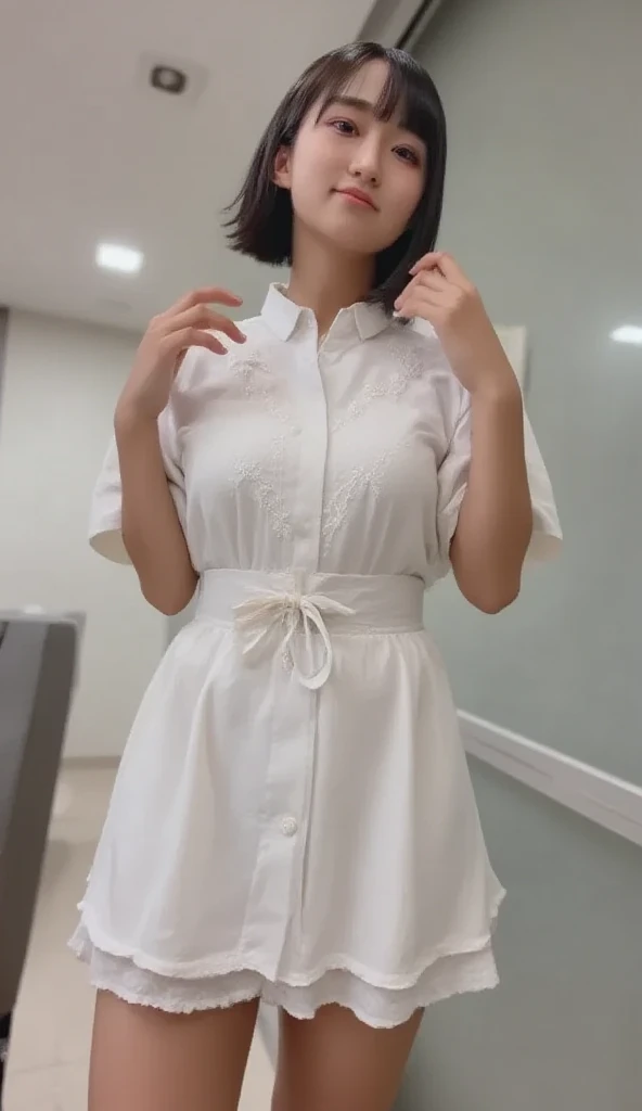 20代前半のlikeい女性を想像してください, Soft, A round face that exudes gentle charm. Her hair is cut into a neat bob that is swept just above her shoulders, Frame your face with subtle waves that catch the light. Women's eyes are alive with a sparkle of joy, her lips curled with satisfaction, gentle smile. she is wide々I'm sitting in my bedroom, The morning sun is shining through the large window next to her., Radiate a warm glow、like々Enhances beautiful skin.
She is wearing a crisp white shirt dress, Buttoned properly in front, Hem ends at mid-thigh, Proposing relaxing yet stylish homeware. The fabric has a silky shine, Suggest software, Comfortable material perfect for relaxing indoors. her attitude is casual, While placing one hand gently on your waist, the other is lightly touching the edge of a dark wooden bed frame, Contrast with light-colored bedding that is rumpled from a night's rest.
after her, You can see the cityscape from the window, A group of skyscrapers rising against a clear blue sky. The contrast between the quiet indoors and the bustling city outdoors、A sense of personal haven amidst the hustle and bustle of city life。. In this scene、A moment of stillness、The simple elegance of a peaceful morning is condensed.。.