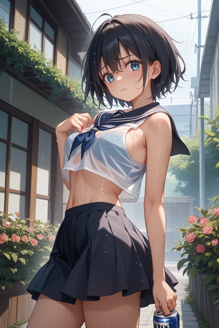 kofune_mio, dark skin, small breast, short hari, GIRL, (Masterpiece: 1.1), (Best Quality: 1.1), mircro bikini, (White Bikini: 1.1), (Plaid Skirt: 1.1), mini spat, Blake [Green Grass: Pink, :0.5] Themed, (Urban Background: 1.1), Denim Lenses, Blake Silver, Long, Green Eye, Landscape, , short height, , flat chest, small, see-through, cleavage, ((bare shoulder)), exposed, loose shirt, navel, (presenting armpit)