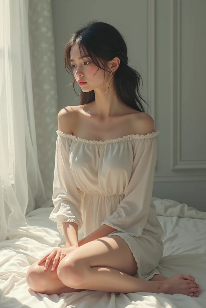 Highest quality，masterpiece，Ultra-high resolution，（realism：1.4），Original photo，1 Girl，Take off the shoulder，Long white hair，Facial highlights，bed，Pure，Girlish，18-year-old，Spaghetti Strap Dress，Silk texture，full