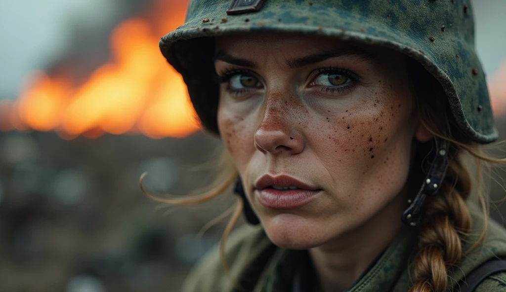 Cinematic battlefield in afghanistan, a ultra-detailed hyperrealistic photography of a beautiful 25 years old american soldier woman, (ginger hair with extra long wavy), blue eyes, american aesthetics, short hair, night, curvy, beautiful curves, army aesthetics, special forces outfit, high emphasis on detail, style Semi Impasto, matte painting, atmospheric, glowing, dramatic lighting, beautiful eyes, symmetric eyed, perfect eyes, by Magali Villeneuve, wet, moist, reflection, (masterpiece) ( Perfect proportions) (realistic photos) (highest quality) (detail) shot taken by Canon EOS R5, 50mm lens, f/2.8, HDR, (8k) (wallpaper) (movie lighting) (dramatic lighting) (sharp focus) (complex) fashion, special forces, captain, american military, , in combat, realistic uniform, multicam, fit, chest protection, united states military, camouflaged, multicam, american patter, bulletproof vest, covered skin, bullet rpoof vest, vest, special forces, combat zone, team leader, captain, united states military, officer, special forces, green berets, explosions, battle damage, K-9 Handler, German Shephard handler, dog handler, k-9, german shephard, has a german shephard, military dog, military shephard, tatoos, dog, handler, has a dog, has a pet dog, dog is next to, holding leash, tatoo, arm tatoo, strong, bicep, fit