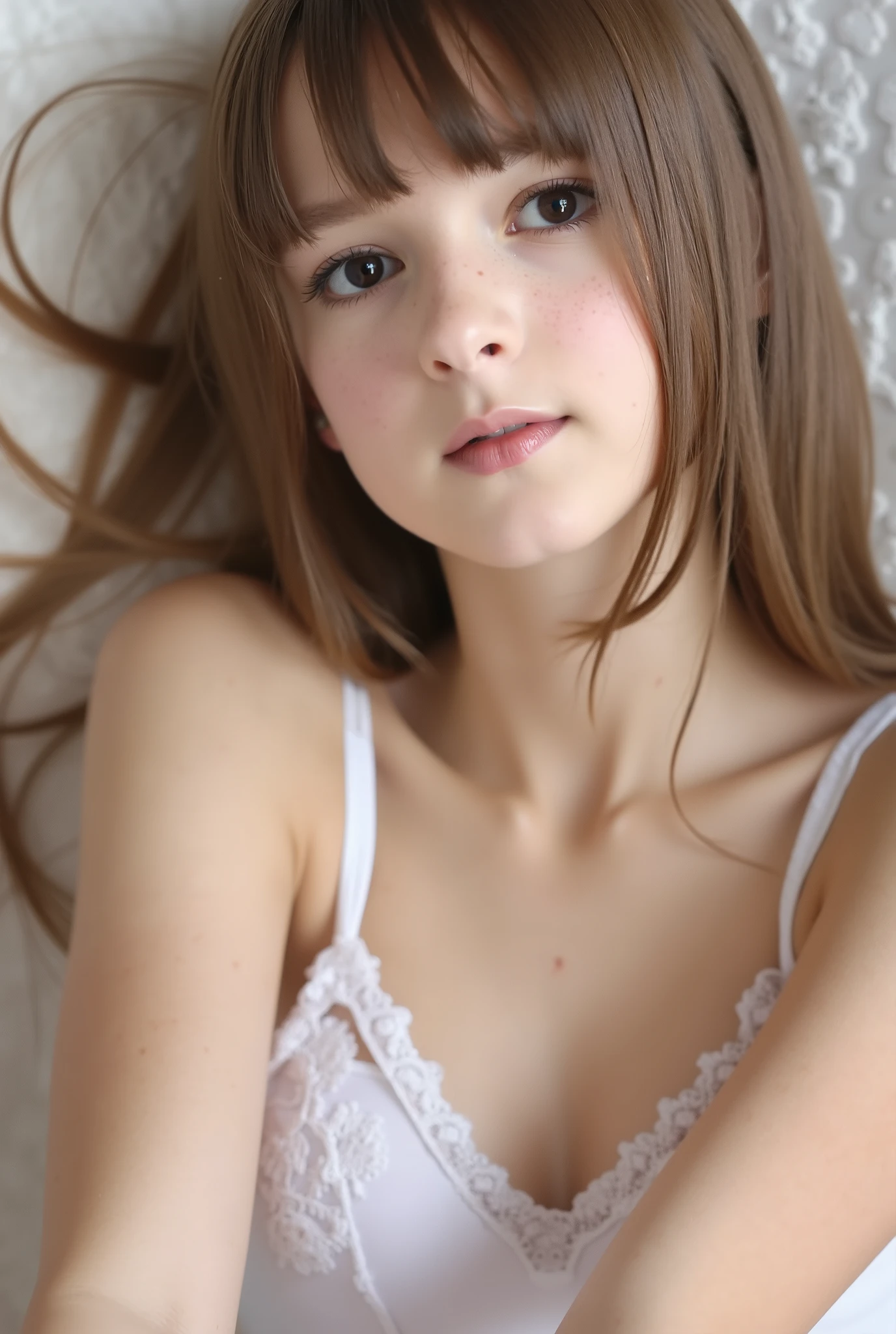 ((1 european girl)), (tween model, , young)), blond long hair, ethereal beautiful, sexy, seductive nervous smile, thin body, flat chest , exposed chest,
nackt, soft light, lie in bed, full body view, close up picture, masterpiece, best quality, photo-realistic, 8k, high resolution, detailed skin, 8k uhd, dslr, soft lighting, high quality, film grain, shows vagina, spread legs, nude,