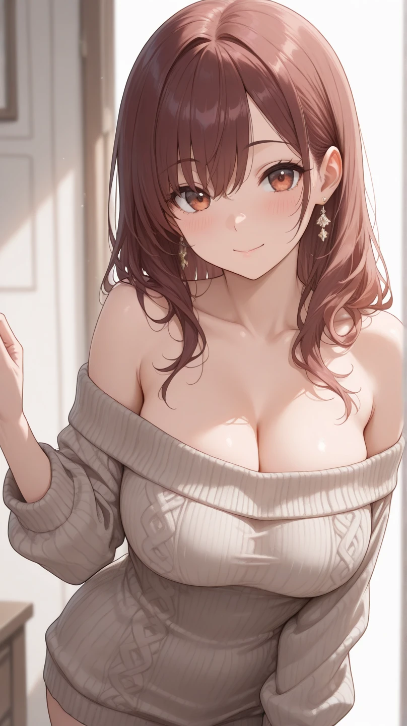 Sexy and cute woman, brown bangs, seductive gaze, blushing intensely, smiling, parted lips, oversized sweater, bare shoulders