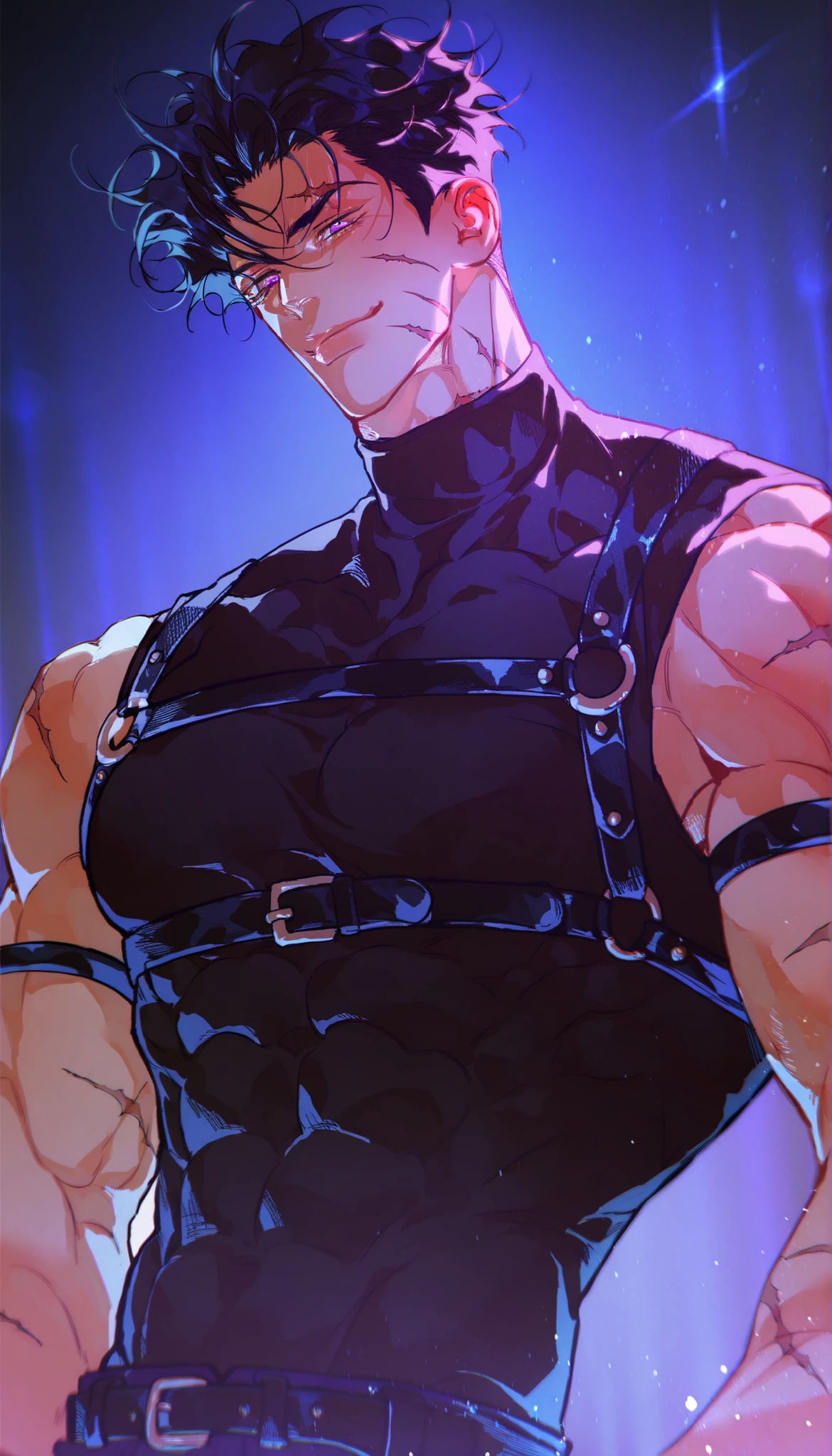 (8k, original photo, best quality,Half body photo) ,, ((( 25-year-old muscular blindfolded men, hands tied up backward with iron chain))),standing,shirtless,Shirtless muscular man,blush,Shy expression,Mouth slightly open,Armpit Hair, micro thong ,pubic hair,(wearing navy blue bodysuit torn:1.5) , hands are tied up backward with iron chain connected to wall,,a Asian muscular bodybuilding champion ,(((no cheast hair))),((( black wall background))),handsome man,Real human skin is smooth and delicate,delicate skin,Large nipples,Eyes and eyelashes are very detailed, muscular man, Manliness, male, Expose chest muscles, male love model, muscular, digital SLR, Super quality, XT3, crystal clear, 8k ultra high definition, high detail, Super real photos, (Realistic skin), ((pores)), ((high detail skin)), Volumetric light, groin, far, Complex 3D visualization, high detail,Real human skin ((Correct body structure)), (((correct anatomy))),(((Forced noise reduction)))