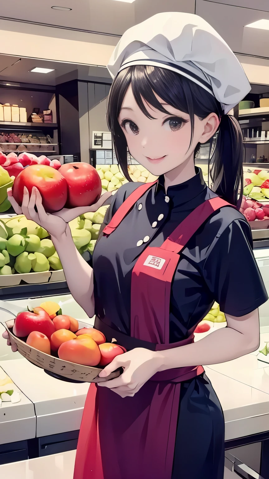 Chef's niece、(((Chef and simple hat)))、(((Fruit in your hands )))、Confident Smile、(((assorted fruits are lined up on store tables)))