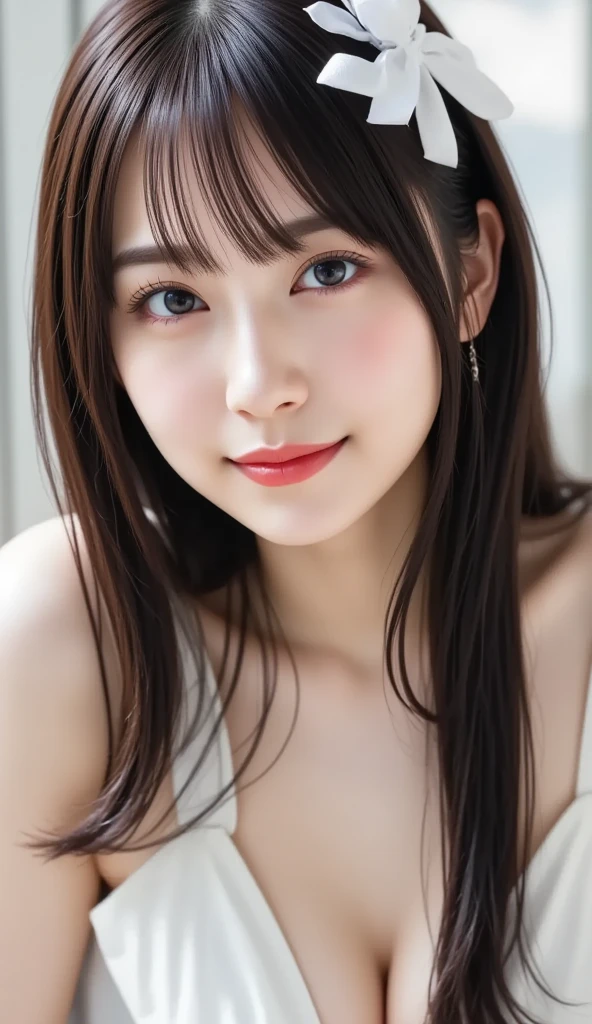 (Highest quality、Tabletop、8k、Best image quality、Award-winning works)、One beautiful woman、(Face close-up:1.2)、(Super bright and radiant skin:1.3)、Very bright、(The simplest white background:1.4)、Lustrous and bright lips、Accurate anatomy、Ultra-high definition beauty face、Ultra HD Hair、Super high quality sparkling eyes、(Ultra-high resolution glossy skin:1.1)、Super high quality glossy lip、Look straight ahead