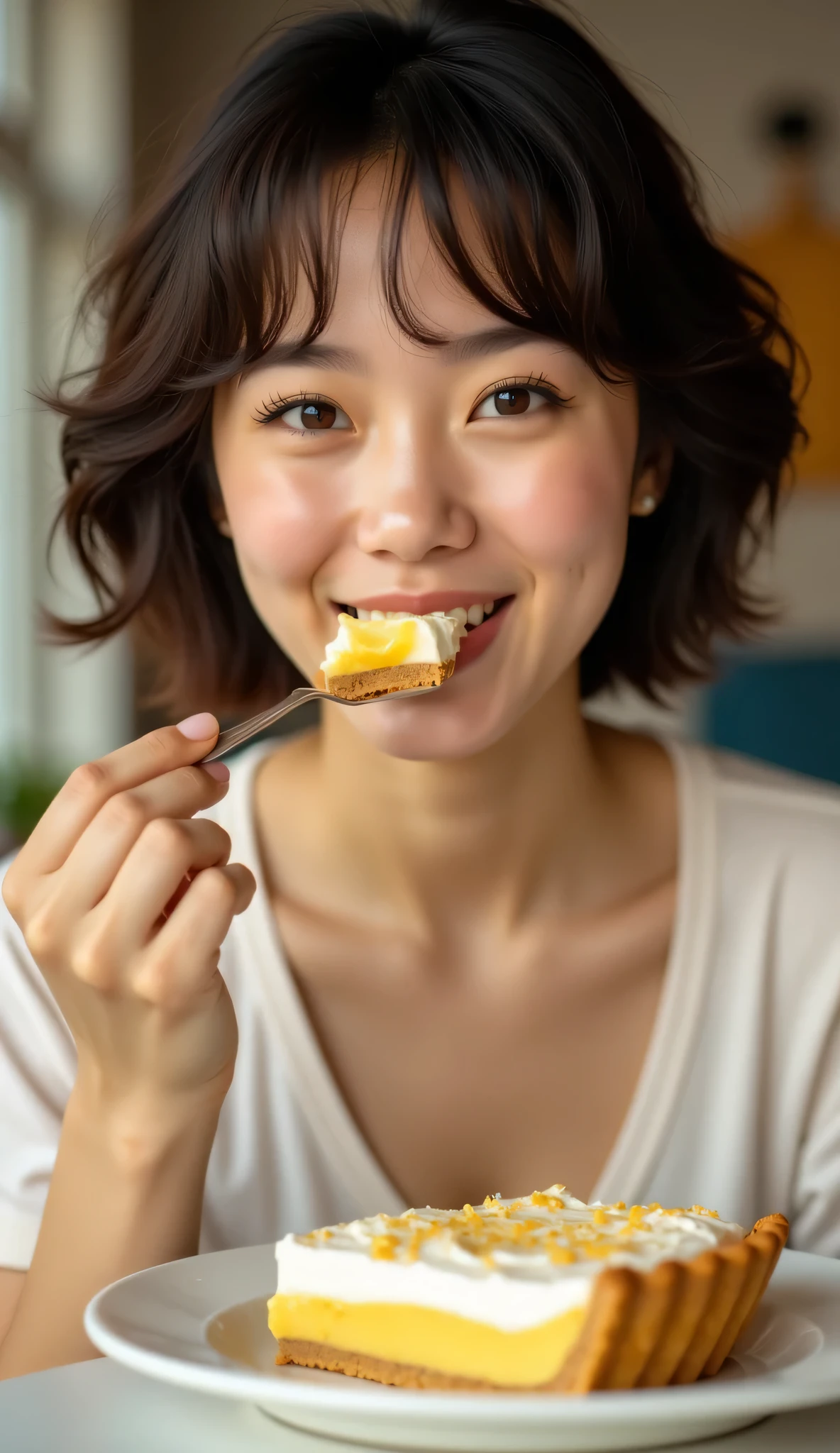 Beautiful and shy model with short hair with short hair tasting lemon pie with a fork near her mouth in casual clothes image for advertising photography, your face reflects that you are enjoying dessert, but you can't see the pie where I am taking the bite (it's out of the picture).