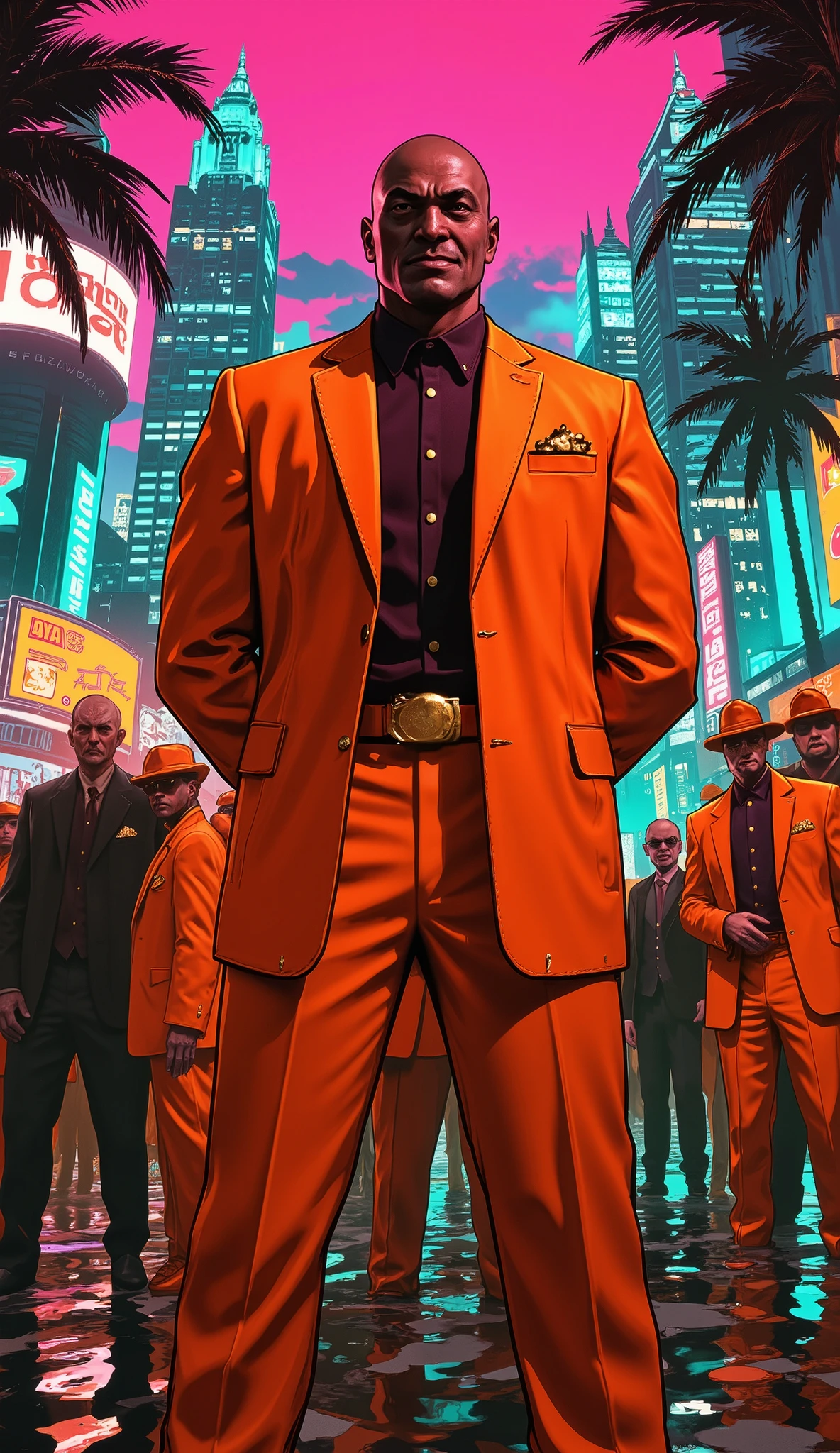 A hyperrealistic, cinematic depiction of Tangerine, a 45-year-old East Asian crime boss with sharp, angular features, piercing black eyes, and a cruel smirk, clad in a tailored orange silk suit shimmering with subtle gold thread, standing defiantly amidst the chaotic, surreal landscape of Vaporwave City. Tangerine’s posture is rigid, his hands clasped behind his back, exuding an aura of cold authority. He’s surrounded by a legion of similarly dressed minions, their faces obscured by shadows, their movements jerky and unsettling. The city itself is a kaleidoscope of neon hues: holographic billboards reflect distorted images onto the oily, neon-lit water, while pixelated skyscrapers pierce a sky saturated with electric pink and turquoise. Palm trees sprout from the concrete jungle, their fronds rendered in a pixelized aesthetic. The overall lighting is a blend of harsh neon glare and deep, atmospheric shadows, emphasizing the city's dystopian character. The composition employs a low-angle shot, emphasizing Tangerine's imposing figure, with a wide depth of field capturing the chaotic expanse of the city. The style evokes a blend of cyberpunk, vaporwave and hyperrealism, emphasizing the hallucinatory and dreamlike quality of the setting. The mood is tense, ominous, and saturated with a palpable sense of impending conflict. Focus on the highly detailed textures of the silk suit, the reflective surfaces, and the pixelated elements, creating a visually arresting and narratively rich image. The overall color palette is a vibrant blend of oranges, pinks, turquoises, and deep shadows. Tangerine's expression should convey both arrogance and a hint of underlying vulnerability.
