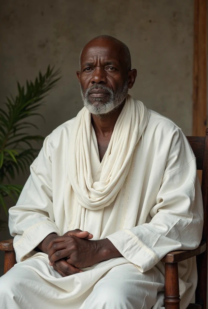 Can you generate the image of an elderly man from Plateau Jos tying a white wrapper across his left shoulder and holding a long walking stock